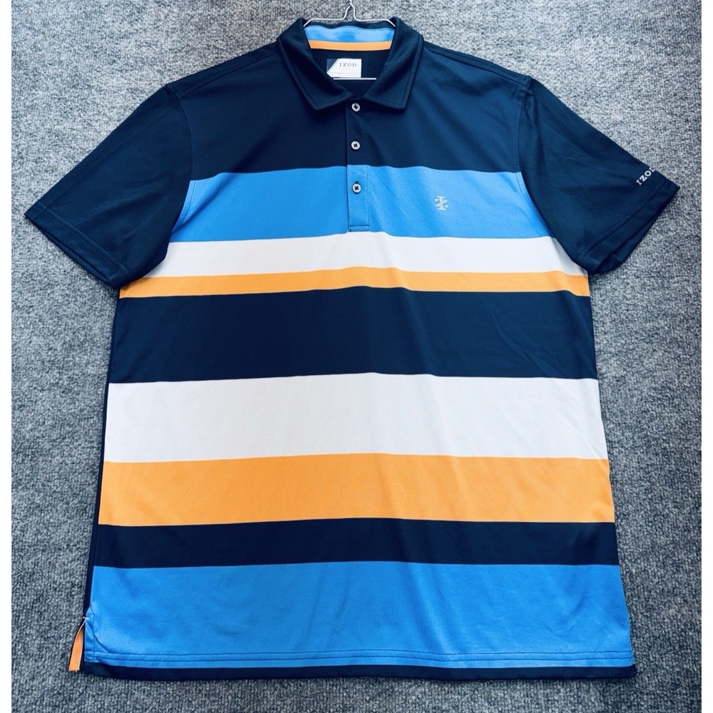 Izod Golf Polo Shirt Mens Large Navy Blue Orange White Striped Short Sleeve